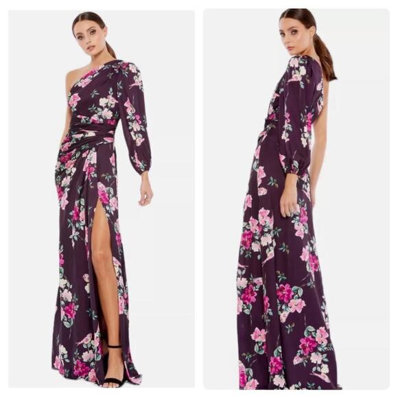 Mac Duggal Floral Satin Leena 2634 One Shoulder High Slit Gown Size M NWT - Picture 3 of 12